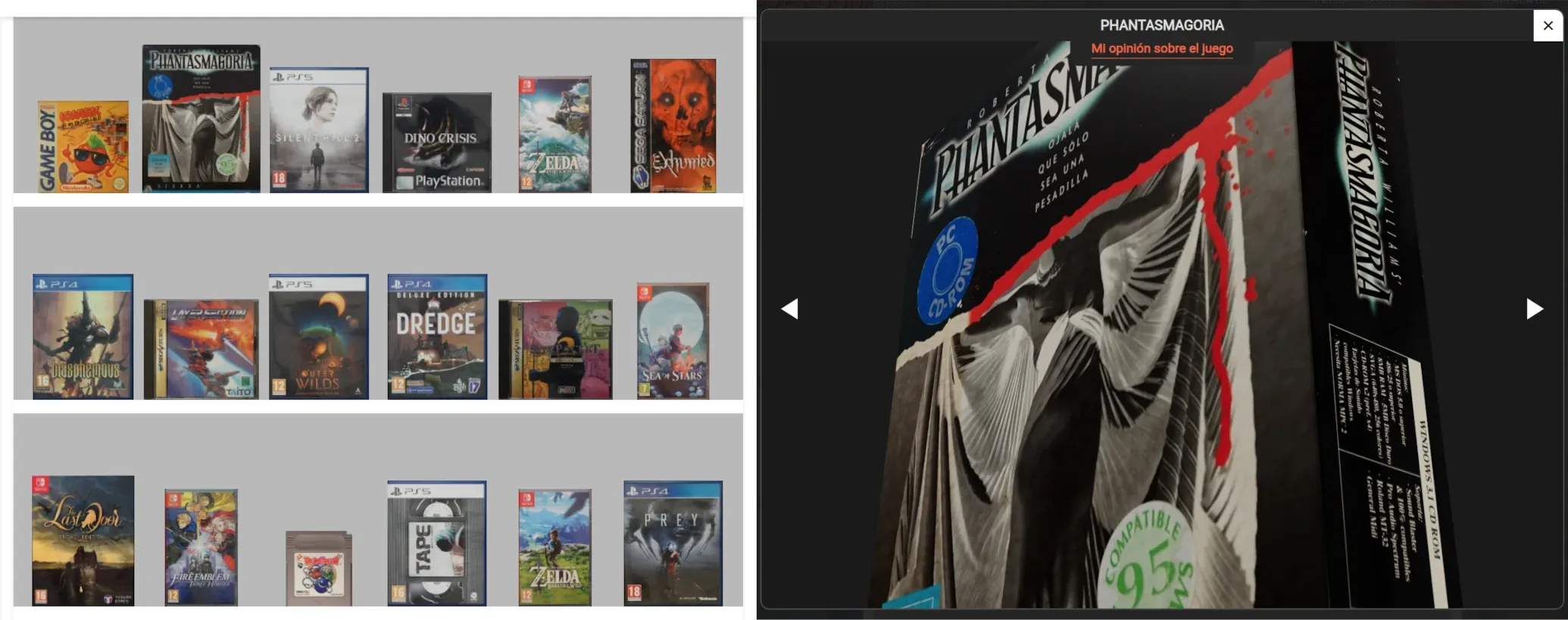 Estantería virtual con cajas físicas escaneadas de videojuegos.